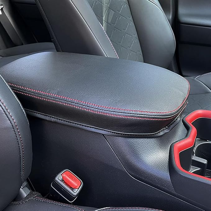 Center Console Cover for Toyota RAV4 2025 2024 2023 2022 2021 2020 2019 - Leather Middle Armrest Cover for Toyota RAV4 Interior Accessories (Red Stitches)