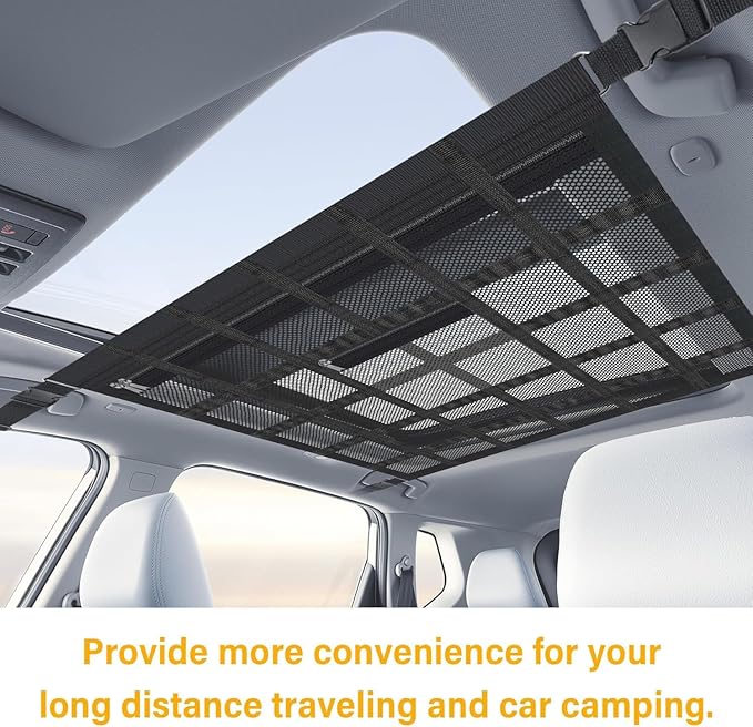 Upgrade Car Ceiling Cargo Net Pocket with Zip,Double Layers+Avoid Sagging Roof Cargo Bag for Toy,Quilts,Tickets,Universal Road Trip Essentials Car Organizers and Storage for Truck SUV