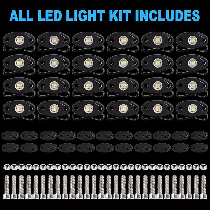 24 Pods White Led Rock Lights，Automotive General Under Body Neon Glow Led Pure Light Kit Ip68 Waterproof 3.8ft Extension Wires for Car Truck Boat Rv ATV Utv SUV RZR Motorcycle Trail Rig Lamp（White）