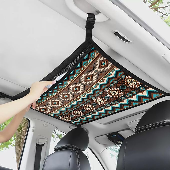 NDISTIN Southwest Aztec Car Ceiling Storage Net Adjustable Car Ceiling Cargo Net Pocket Droop Less Car Roof Cargo Net Universal Fit for SUV Truck Van Interior Auto Accessory