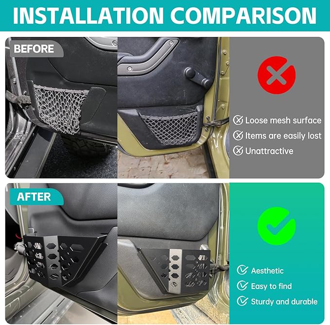 Front & Rear Door Pocket Cup Holder Organizer Compatible with 2007-2018 Jeep Wangler JK JKU Rubicon Sahara Accessories, Metal Door Side Insert Storage Box Expansion Accessories