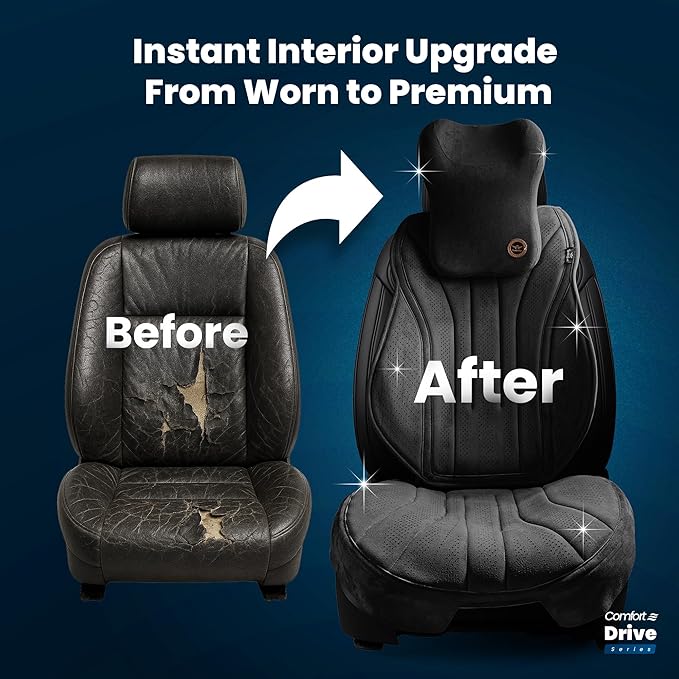 Car Seat Cushion with Back & Neck Support, Breathable Perforated Suede Seat Cushion for Drivers, Non-Slip Ergonomic Design for Long Drives, Daily Commute & Travel