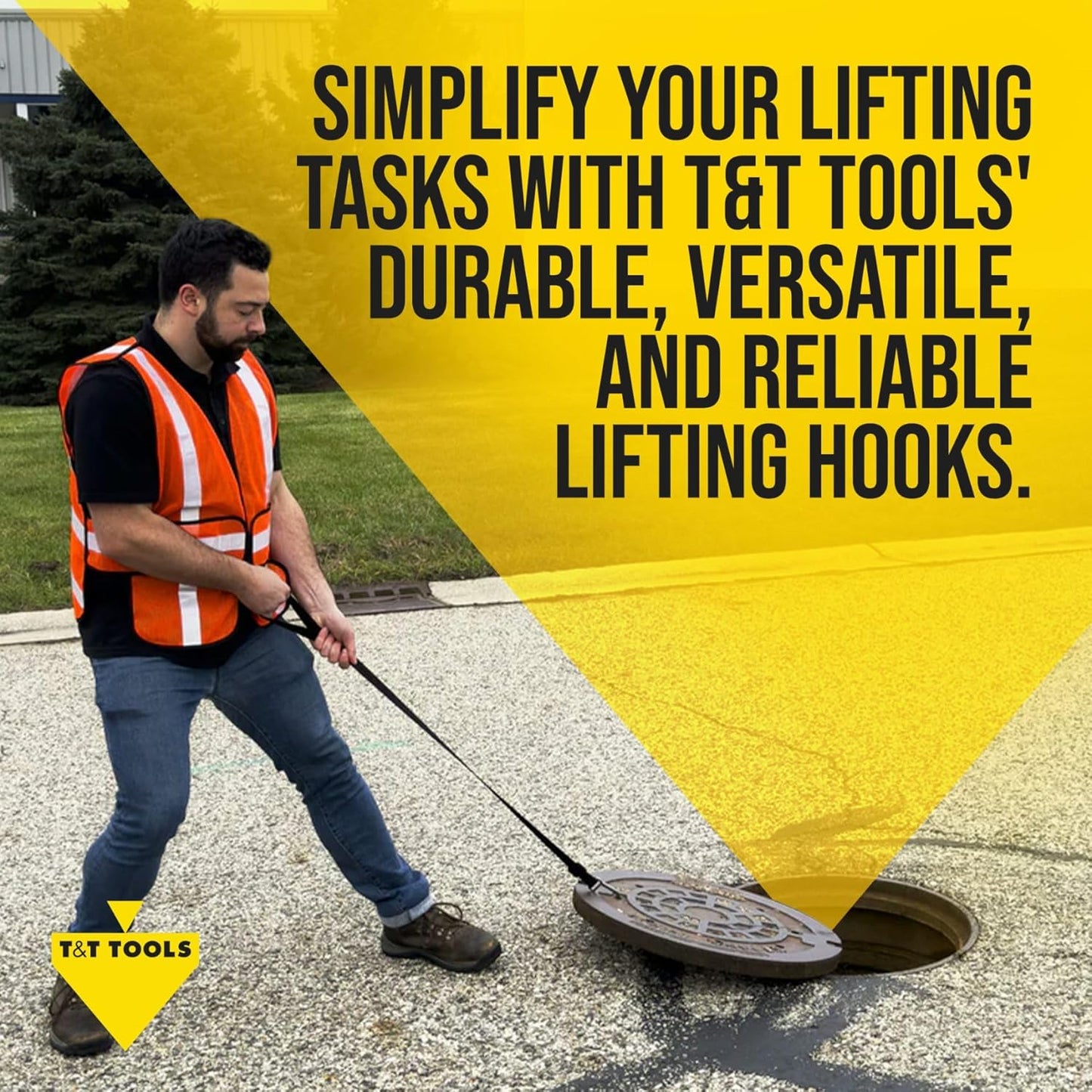 T&T Tools Lid Sling Hook (Short Hook 1.5 Inch Style) - Lift Manhole Covers & Handhole Lids, Versatile Lifting Hooks, Rigid Steel Tool Hook for Moving