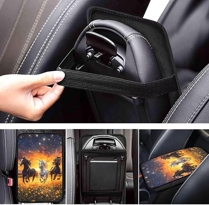 Floral Sunset Horse Truck Vehicle Armrest Covers Car Center Console Cushion Pad Middle Storage Organizer Pad Universal Style Car Interior Decor