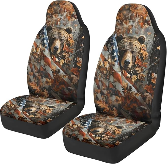 Camouflage Hunting Bear Car Seat Covers Breathable Front Seat Covers Easy Installation Stretch Polyester Fabric Cover Protection Interior Accessories Universal Fit Most Cars SUV