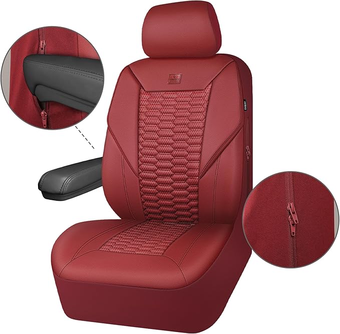 CAR PASS 3D Foam PU Leather Car Seat Covers Full Set,Luxury Breathable Faux Leather Seat Covers for Car,Anti Slip Universal Fit for SUVs Vans Sedan Trucks Automotive,Armrest Airbag Compatible Burgundy