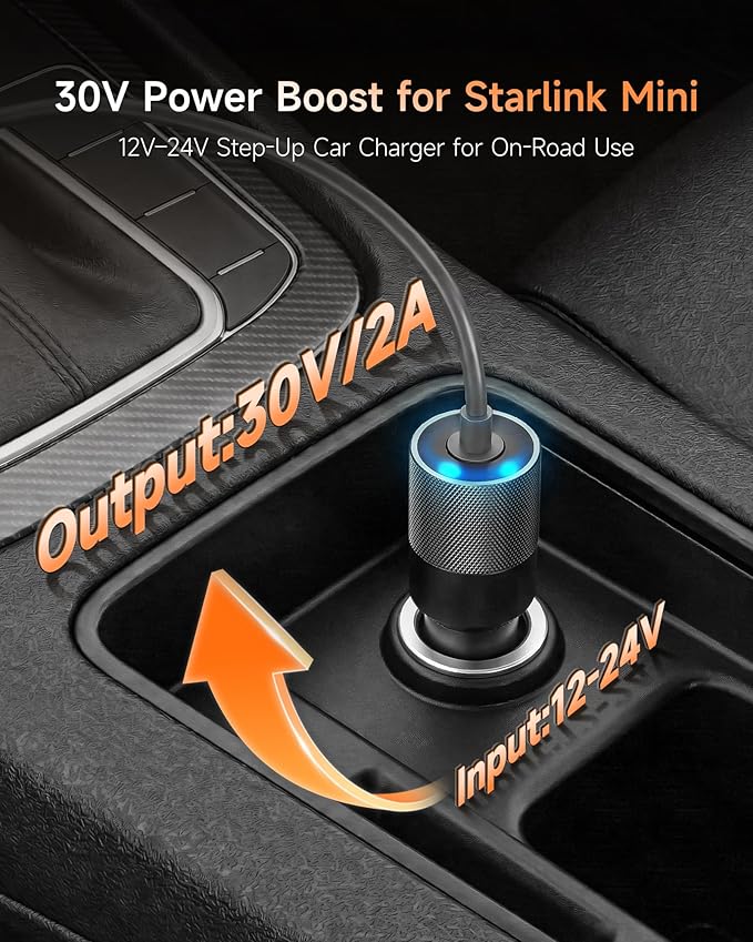 Starlink Mini Car Power Adapter, 12V-24V to 30V DC Step Up Converter, 60W Stable Output, Supports 200FT DC Cable Run, Aluminum Alloy Car Charger for RV Camping Truck Boat
