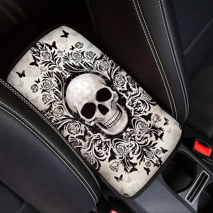 Dreaweet Gothic Skull Car Center Console Cover Universal Fit Scratch Resistant Arm Rest Cover for SUV Sedan Soft Comfort Armrest Cover Center Console Cushion Pad