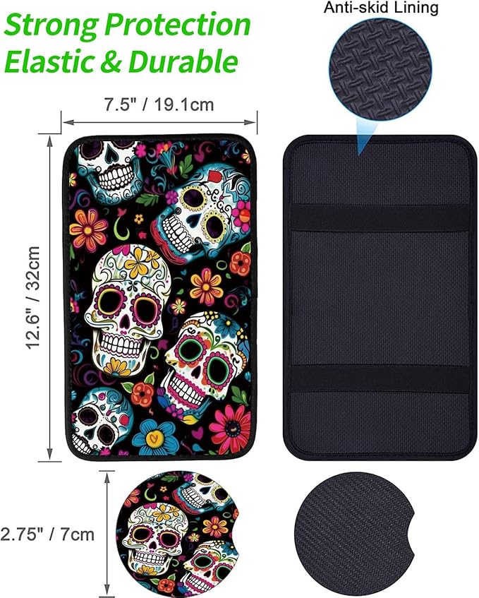 Car Armrest Cover Pads Universal Fashion Cute Auto Center Console Armrest Cover Pad with 2PCS Car Coasters Soft Waterproof Car Armrest Seat Protector for Women Girls, Colorful Skulls