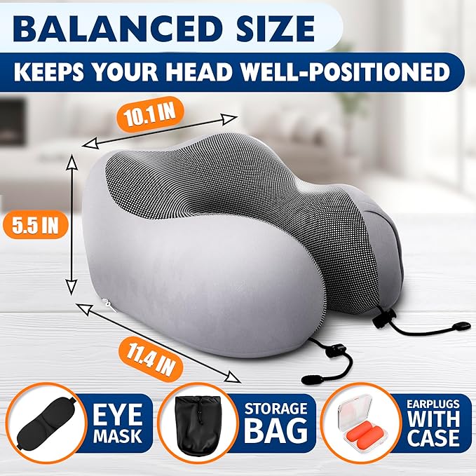 Plane Neck Pillow for Long Flights – 4-in-1 Set | Adjustable Memory Foam Gray Airplane Pillow Neck Support, Eye Mask, Earplugs, & Cover | Soft Washable Cotton Cover, Button Closure – Comfort Traveling