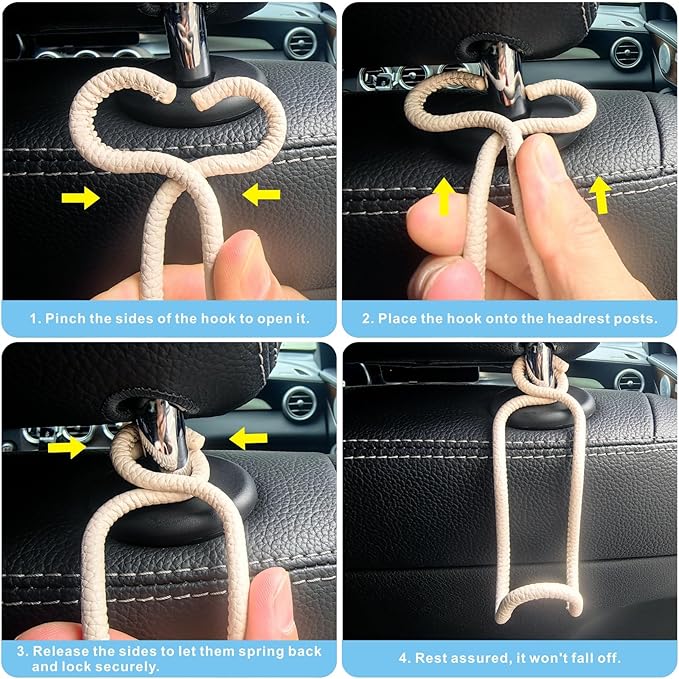Car Seat Back Organizer Hooks 2 Pack - Space Saving Car Headrest Hangers with Anti-Drop Loop for Women Men, Universal Car Bag Holder for SUV Truck for Front and Back Seat Storage - Beige Leather/2S