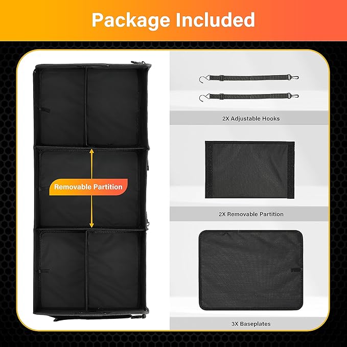 YSSOA Multi Compartments Car Trunk Organizer, 600D Anti-slip Waterproof Oxford Polyester Car Storage, with Adjustable Strap, 15"D x 32"W x 12"H Collapsible Trunk Storage, for SUV, Truck, Black