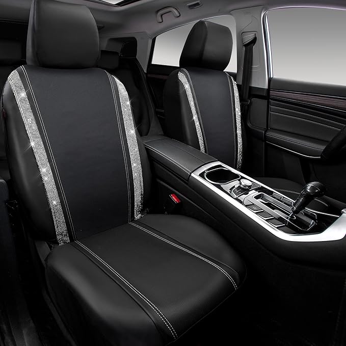 CAR PASS Leather Bling Diamond Car Seat Cover 2 Front Interior Sets, Waterproof Universal Shining Glitter Crystal Sparkle Fit for 95% Automotive Truck SUV Cute Women Girl, Black Silver Rhinestone