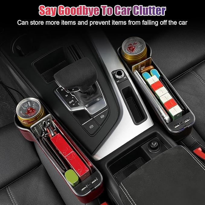 2PCS LED Car Seat Gaps Filler Organizer,Front Seat Gaps Filler, Car Seat Organizer with Ambient Light, USB Charger for Multifunction Storage Box for Holding Phone, Sunglasses