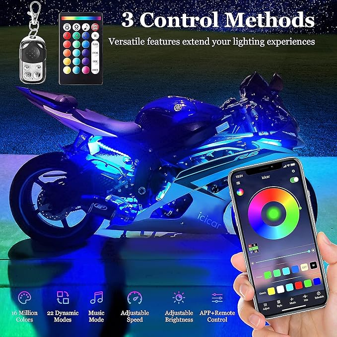 Motorcycle LED Underglow Kit, icicar 12 Pcs APP/RF Control Multicolor Motorcycle LED Light Kit with Brake Turn Signal, IP68 Waterproof & Music Sync Ambient Light for Motorcycles