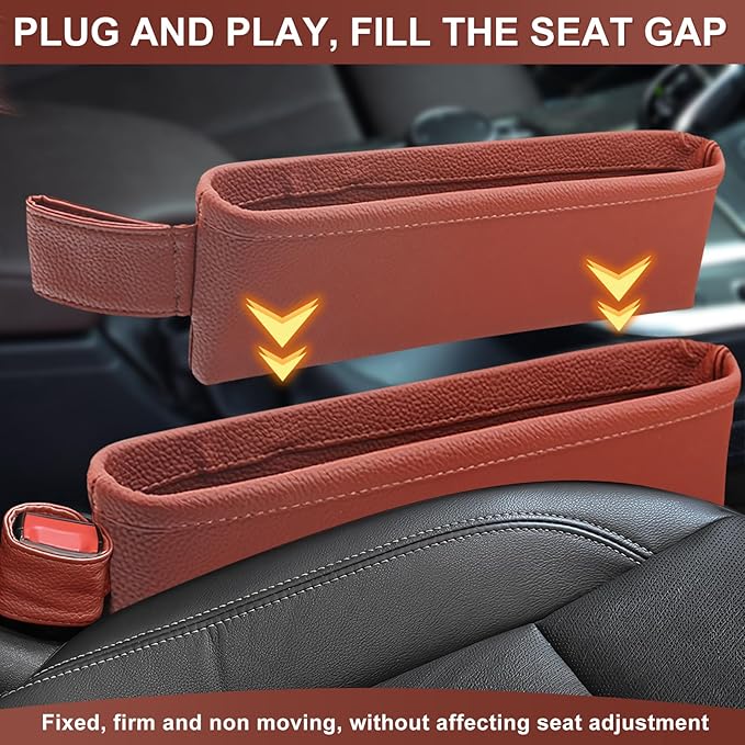 2 Pack Update Car Seat Gap Filler Organizer Leather Console Storage Box Front Side Pocket Seats Organizers Filler Interior Car Accessories for Phone Wallet Coin Key Sunglasses (Brown)