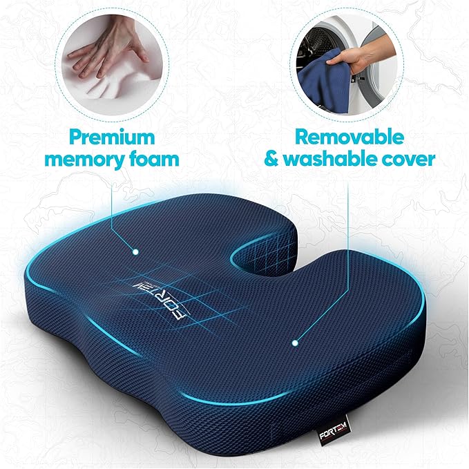 FORTEM Seat Cushion, Office Chair Cushion, Desk Chair Memory Foam, Sciatica Coccyx Tailbone Pain Relief, Pressure Relief, Sitting Pad, for Long Gaming & Sitting, Washable Cover, Non Slip, XL
