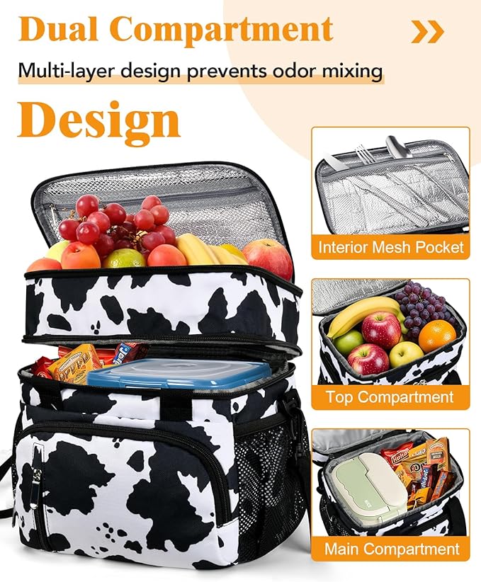 Insulated Lunch Bag for Women, Double Leakproof Lunch Box Soft Cooler Tote with 5 Pockets, 600D Oxford, EVA Lining, Adjustable Strap for Work, Picnic, Beach&Travel-Cow Print