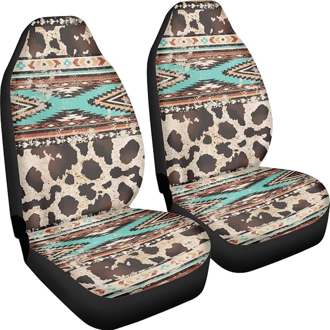 Car Seat Covers Front Seats Only for Women Men Auto Seat Covers Set of 2 Pack Bucket Cover for Cars SUV Truck Sedan, Easy to Install（Aztec Ethnic Cow Leopard Print 83）