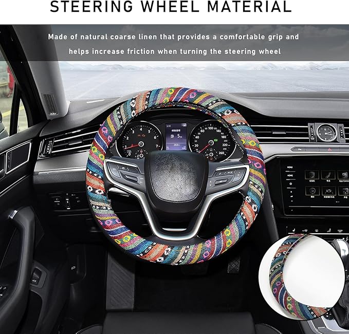 Boho Steering Wheel Cover, 15.0"×15.0" Anti-Slip Baja Blanket Ethnic Steering Wheel Protector, Breathable Flax Cloth Elastic Bohemian Steering Wheel Cover, Car Accessories (Style A)