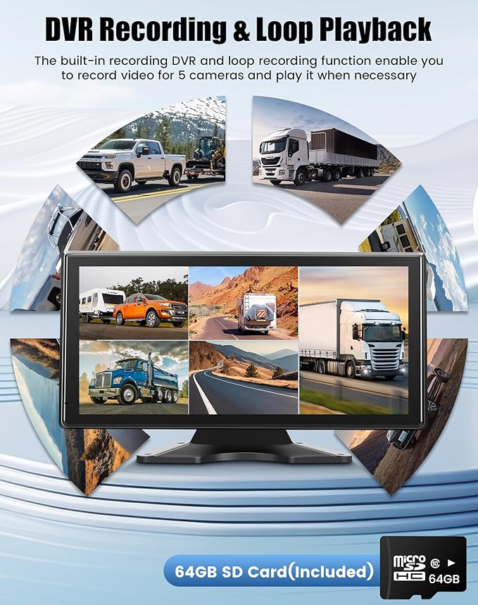 10.36" Wired Backup Camera System for Truck RV Trailer, 5 Channel Dash Cam with 5 1080P Cameras, Touch Screen Monitor, No Delay Signal, DVR Loop Recording, Smart BSD Alerts, IP69 Waterproof, 64GB