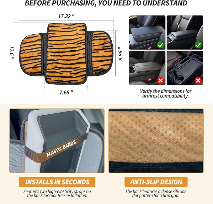 Plush Tiger Print Car Center Console Cover with Side Pockets, Fluffy Armrest Cushion Pad,Soft Car Interior Decorations Accessories with Storage for Women,Universal Fit for Vehicles SUV Truck
