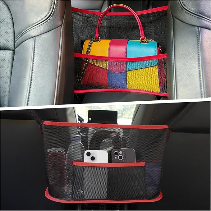 Car Storage Bag, Auto Net Pocket Handbag Holder, Driver Storage Netting Pouch for Document Phone Tissue Purse Storage, Organizer Mesh Bag Between Two Seats, Backseat Pets Barrier, Red