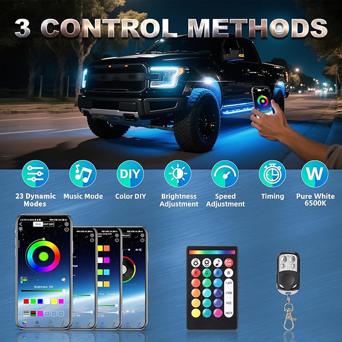 20 Pods Full Angle RGBW LED Rock Lights, 6500K Pure White RGB Rock Light for Semi Truck Jeeps Trailer Pickup Offroad Boat RV Underbody 12V Waterproof Neon Underglow Kit with APP/RF Control Sync Music