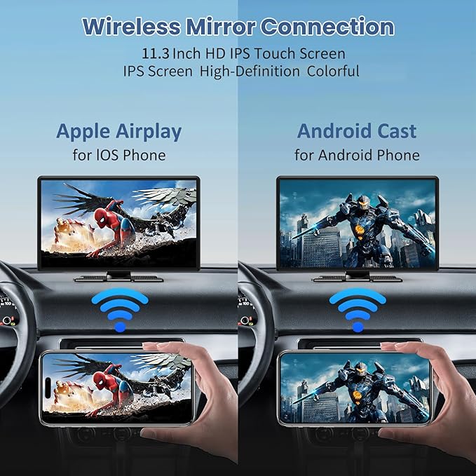 Largest 11.3" Portable Apple Carplay Screen, Wireless Car Play & Android Auto Touch Screen, Car Stereo with App View/4K Dash Cam/Backup Camera/Mirror Link/Voice Control/Music Play/GPS/Bluetooth/FM