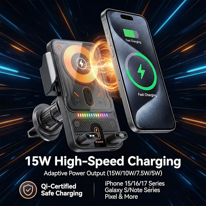 Motorized 90-Degree Rotating Wireless Car Charger Mount with Auto Clamping, 15W Fast Wireless Charging Air Vent Phone Holder for Most Smartphones (Gray)