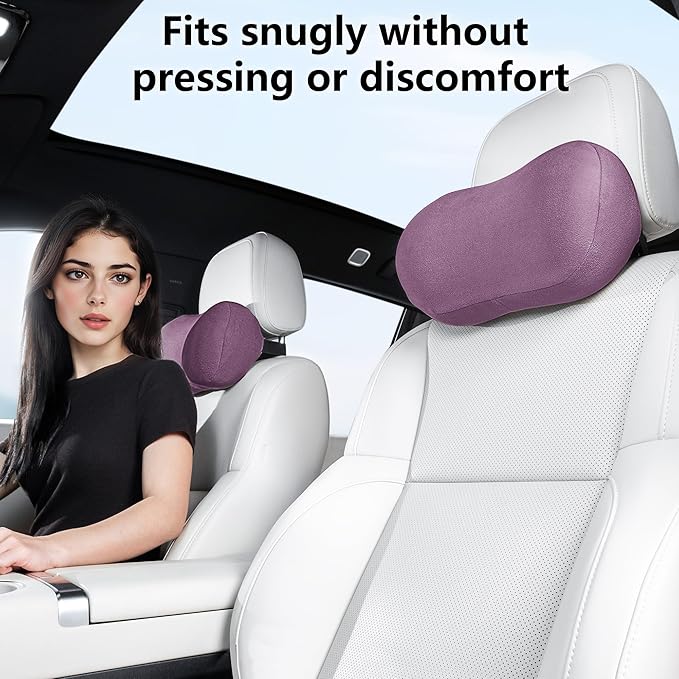 Car Neck Pillow Ergonomic Design Memory Foam Softness Car Headrest Pillow for Neck Support Cushion for Driving, Universal Fit Head Rest Travel Pillow, Fits All Vehicles, Purple, 2 Pack