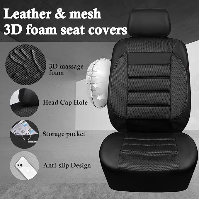 CAR PASS 3D Foam Leather Car Seat Covers Two Front Seats only, Air Cool Mesh Thick Seat Covers, All Weather Car Seat Cover Comfort & Protection for Truck,SUV,Sedan,Van, Airbag Compatible (Black)