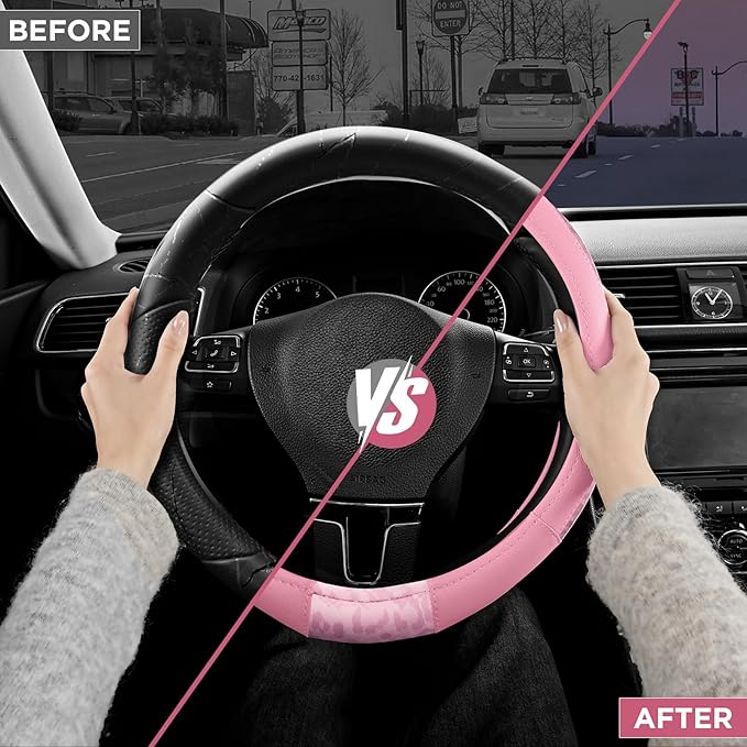 Road Comforts Steering Wheel Cover - Made with PVC Leather and Leopard Fabric - Universal 14 1/2 inches to 15 inches for Most Automotive Steering Wheel - Cheetah Print - All Pink