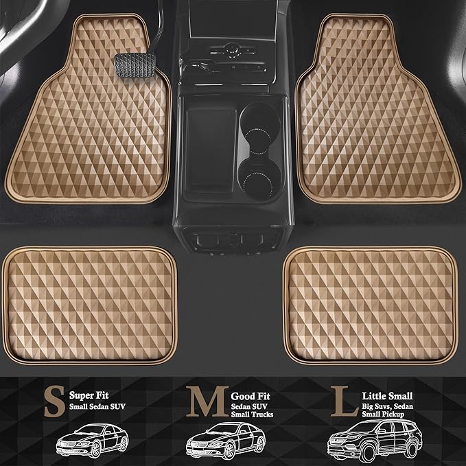 CAR PASS Deep Tray Rubber Car Mats, Heavy Duty Floor Mat for Car, Durable Anti-Slip 3D Rhombus Waterproof All Weather Car Floor Mats, Universal Fit for Truck SUV Vehicle Automotive, 4 Piece Beige