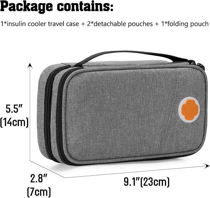 CURMIO Insulated Insulin Cooler Travel Case, Double Layer Diabetic Supplies Storage Bag with Detachable Pouches for Diabetic Medication and Ice Packs, Gray, Empty Bag Only