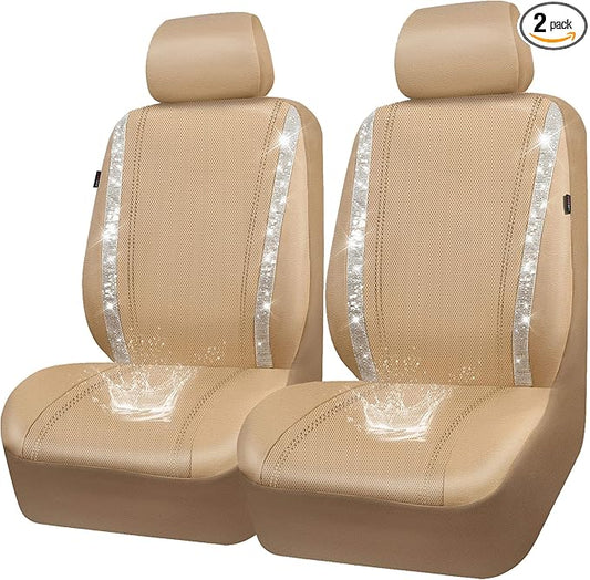 CAR PASS Leather Bling Diamond Car Seat Covers 2 Front Interior Sets, Waterproof Universal Shining Glitter Crystal Sparkle Fit for 95% Automotive Truck SUV Cute Women Girl, Beige Rhinestone