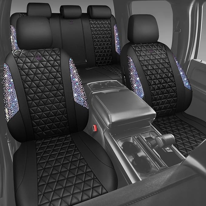 CAR PASS Bling Diamond Black Leather Car Seat Covers Full Set Interior Sets, Waterproof Shining Glitter Sparkly Crystal Armrest Fit Automotive Truck SUV Cute Women Girl, Bedazzed Iridescent Rhinestone