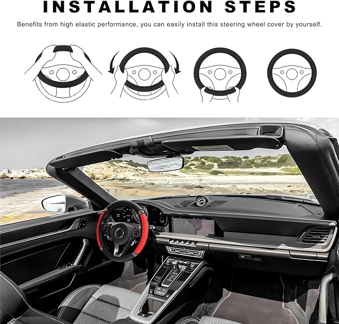 Bling Soft Leather Steering Wheel Cover, 14.5-15 Inch Sparkly Rhinestones Non-Slip Car Steering Wheel Protector, Elastic Auto Steering Wheel Cover Interior for Women Girls (Red)
