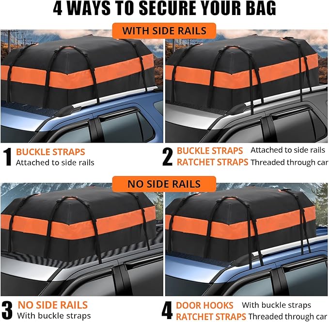 Car Rooftop Cargo Carrier Bag 15 Cubic Feet, Waterproof Roof Rack Cargo Bag for All Cars with/Without Rack, Waterproof Zip, 8 Reinforced Straps, 4 Door Hooks, Luggage Lock, Storage Bag