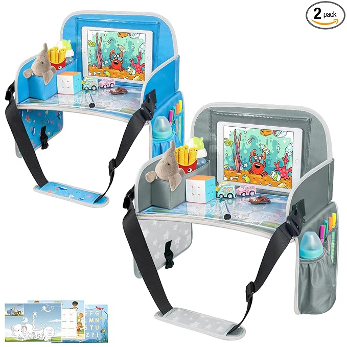 MENZOKE Kids Travel Tray for Boys or Girls, Travel Tray for Kids Car Seat with Tablet Holder, Dry Erase Board & Cooler Cup Holder, Road Trip Essentials Accessories for Car Trip, Airplane (2 Pack)