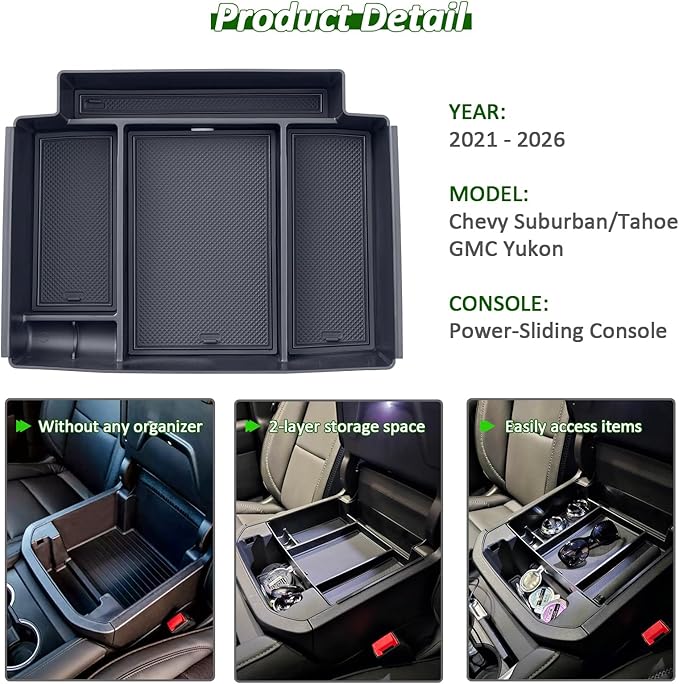 TOPINSTALL Power-Sliding Console Tray Compatible with 2021-2026 Chevy Tahoe/Suburban/GMC Yukon Accessories, Full-Size Armrest Organizer Black (Not for Standard Console with Charging Socket!)