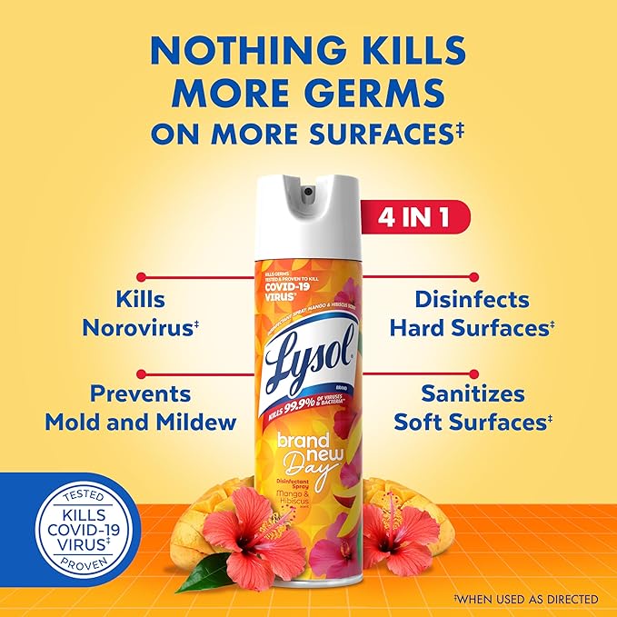 Lysol Disinfectant Spray, Sanitizing and Antibacterial Spray, For Disinfecting and Deodorizing, Mango & Hibiscus and Crisp Linen, 19 Fl. Oz (Pack of 4)