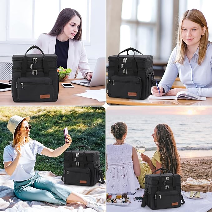 Maelstrom Lunch Box, 23L Insulated Lunch Bag, Expandable Double Deck Cooler Bag, Lightweight Leakproof Tote Bag With Side Tissue Pocket, Suit For Men and Women (A. Black)