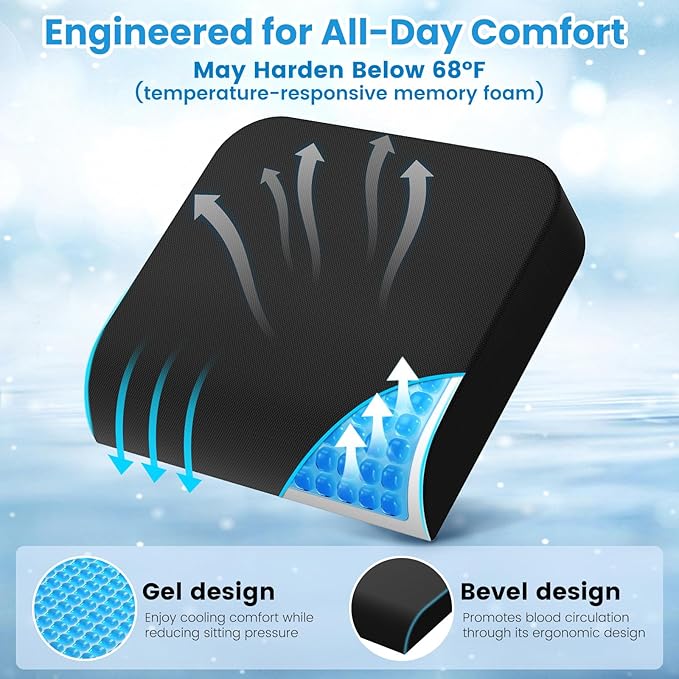 Wheelchair Seat Cushion for Pressure Relief, Cooling Gel Memory Foam Chair Cushion with Slope-Edge Design, Coccyx Support for Tailbone Pain, Non-Slip, for Wheelchairs, Office Chairs & Car Seats