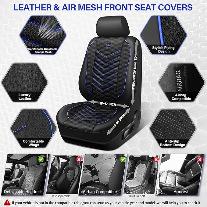 CAR PASS 3D Foam Mesh Leather Car Seat Covers Front Seats, Breathable Front Seat Cover for Cars, Comfortable Universal Fit for SUV Truck Sedan Automotive Anti-Slip Airbag Compatible, Black and Blue
