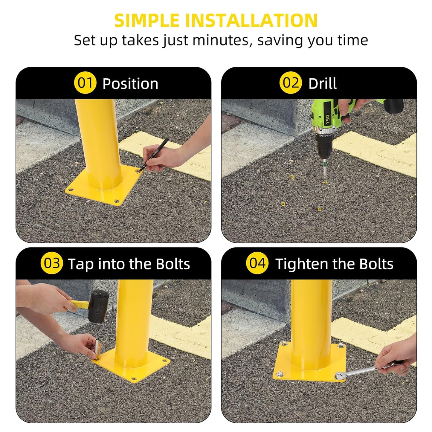 Safety Bollard 2 Packs, 48 Inch Height Steel Bollard Post for Parking Lot, 4.5 Inch Diameter Pipe, Yellow Safety Bollard Post with 16 Anchor Bolts, Ideal for Traffic-Sensitive Areas, Driveway Barrier