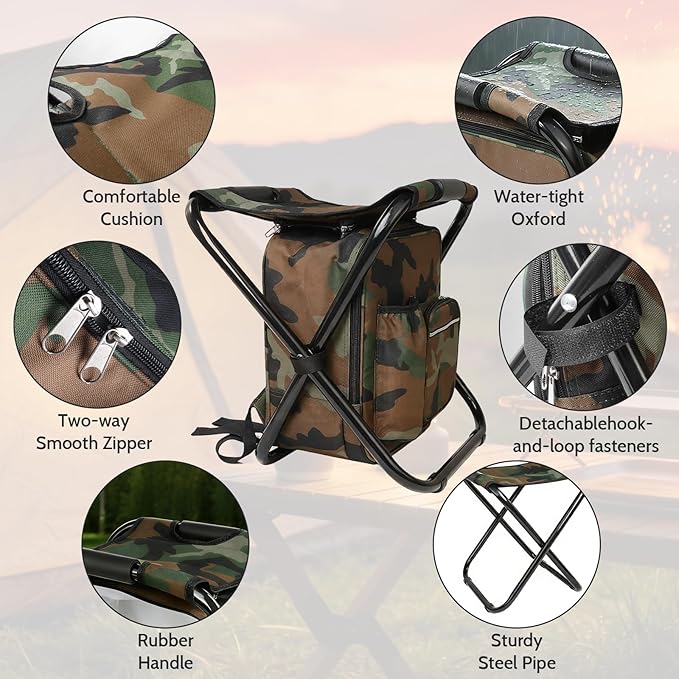 Folding Camping Chair Stool Backpack with Cooler Insulated Picnic Bag, Portable Hunting Fishing Multifunction Chair for Outdoors Hiking Hunting Travel (Camouflage)