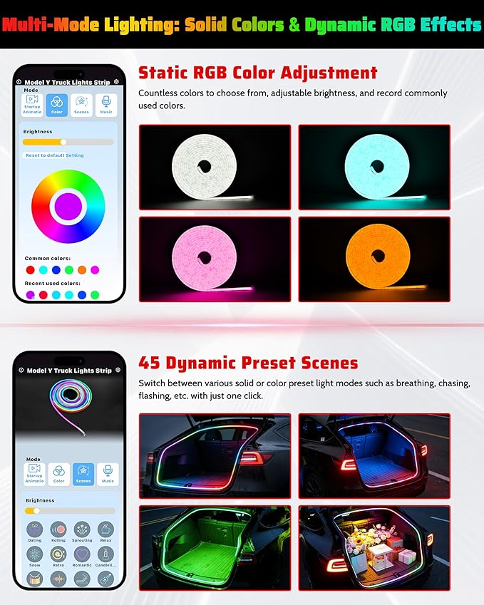 RGB LED Trunk Light Strips for Tesla Model Y & Juniper 2021-2026, APP Control Ambient Neon Trunk Lights with Magnetie Sensor, Auto On/Off, Music Sync, Waterproof Silicone, Plug & Play