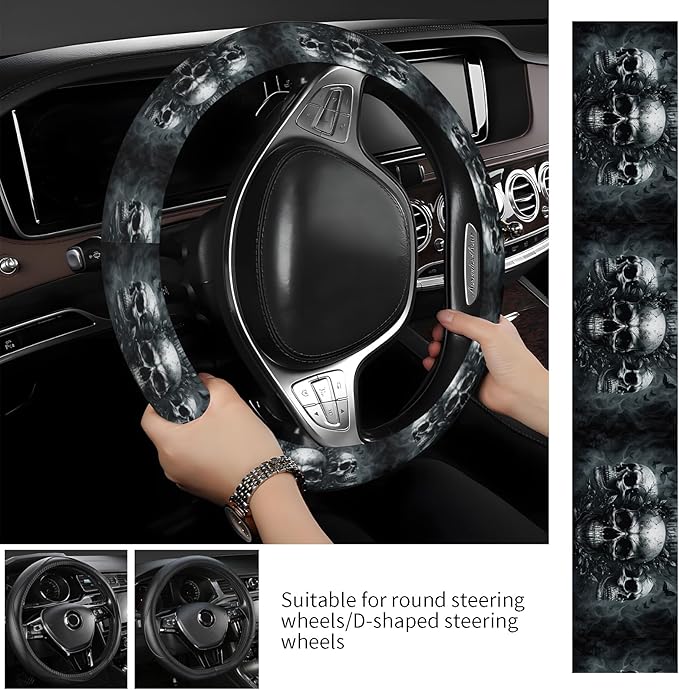 Steering Wheel Covers for Car, Truck, and SUV, Cute Non-Slip Breathable Elastic Steering Wheel, Car Accessories, Universal 15 Inch Leather Cover for Men Women Vantage Skull