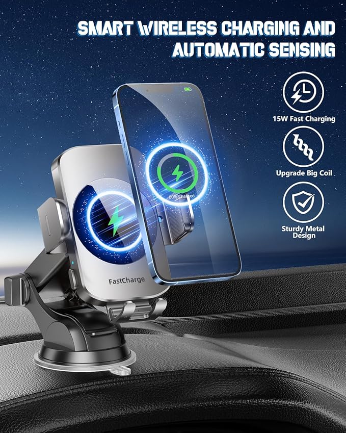BothLin Wireless Car Charger, Fast Charging Phone Holder 3 in 1 Phone Mount Auto Clamping Car Accessories Compatible with iPhone 17 16 15 14 13 12 11 Xs XR, Samsung S23 Ultra S22 S21 S20(Space Grey)